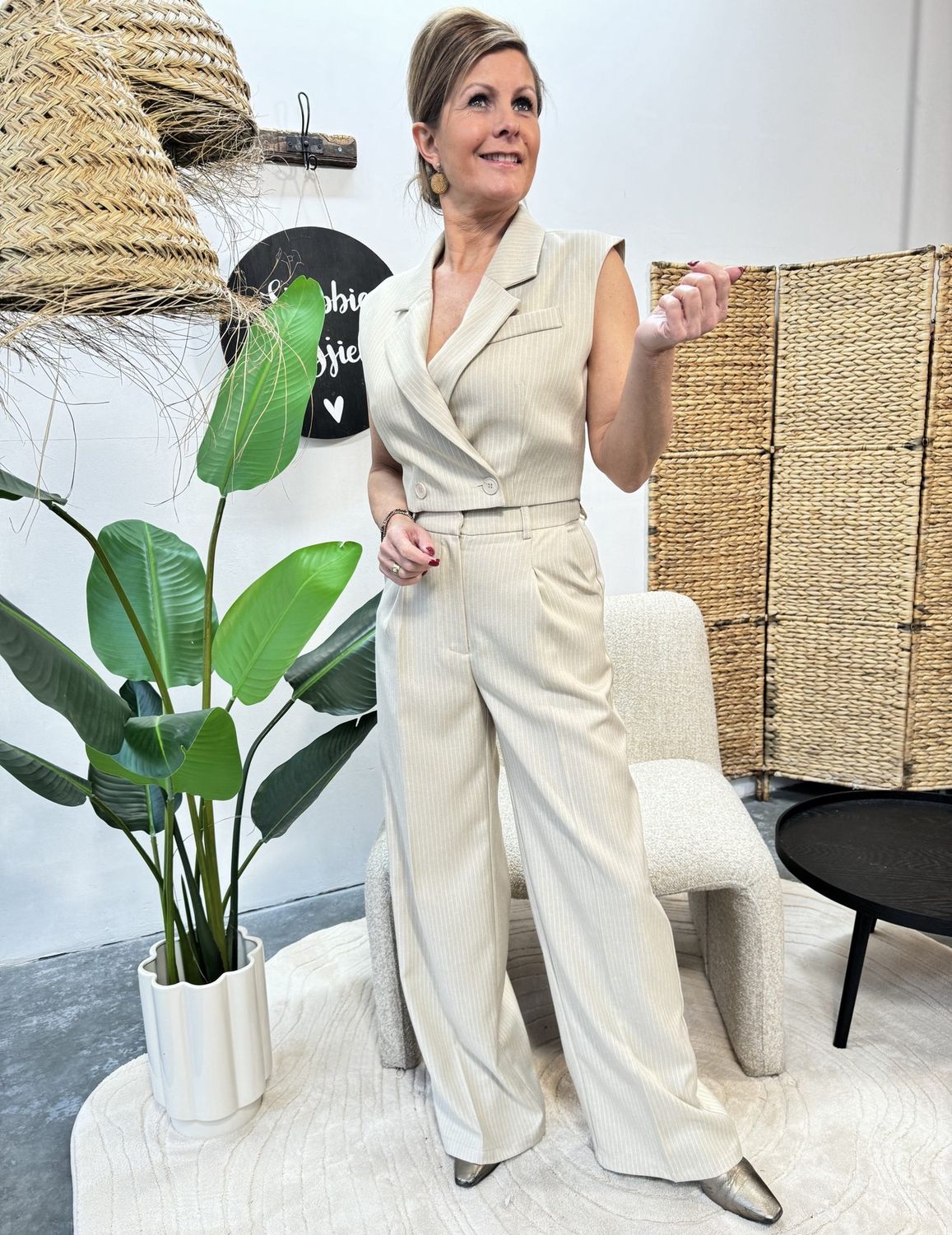 Broek ELOWEN Beige Krijtstreep