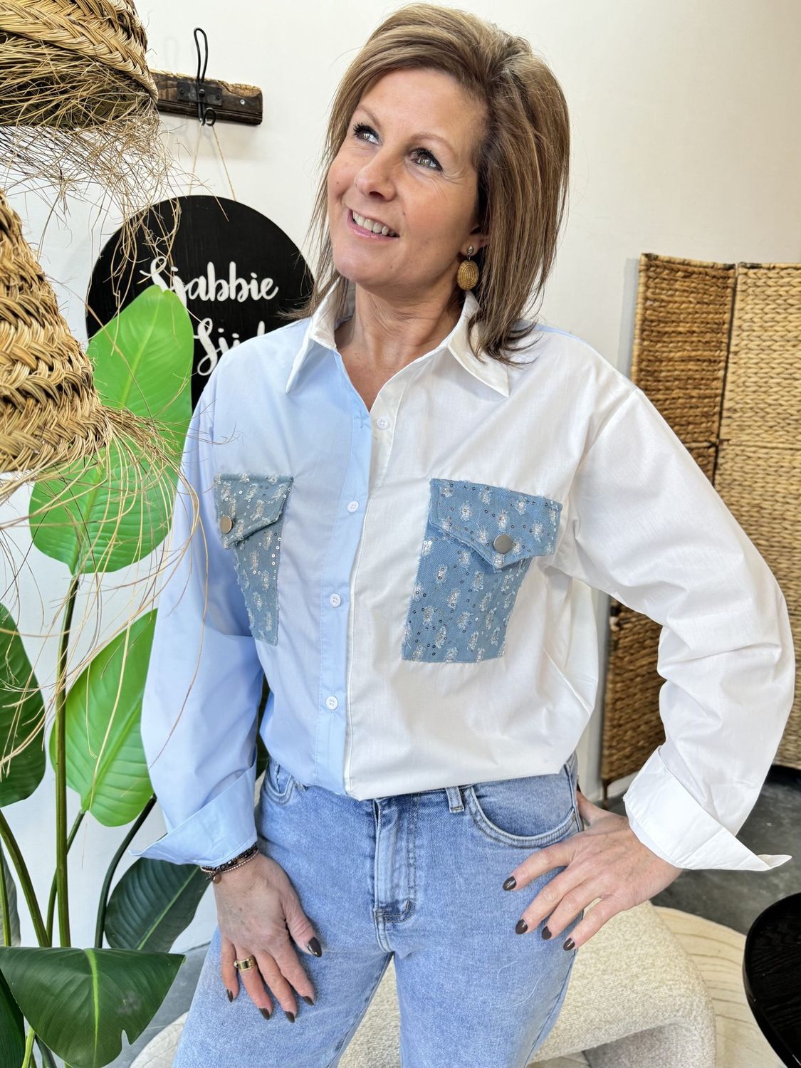 Blouse JUNA Wit en Lichtblauw