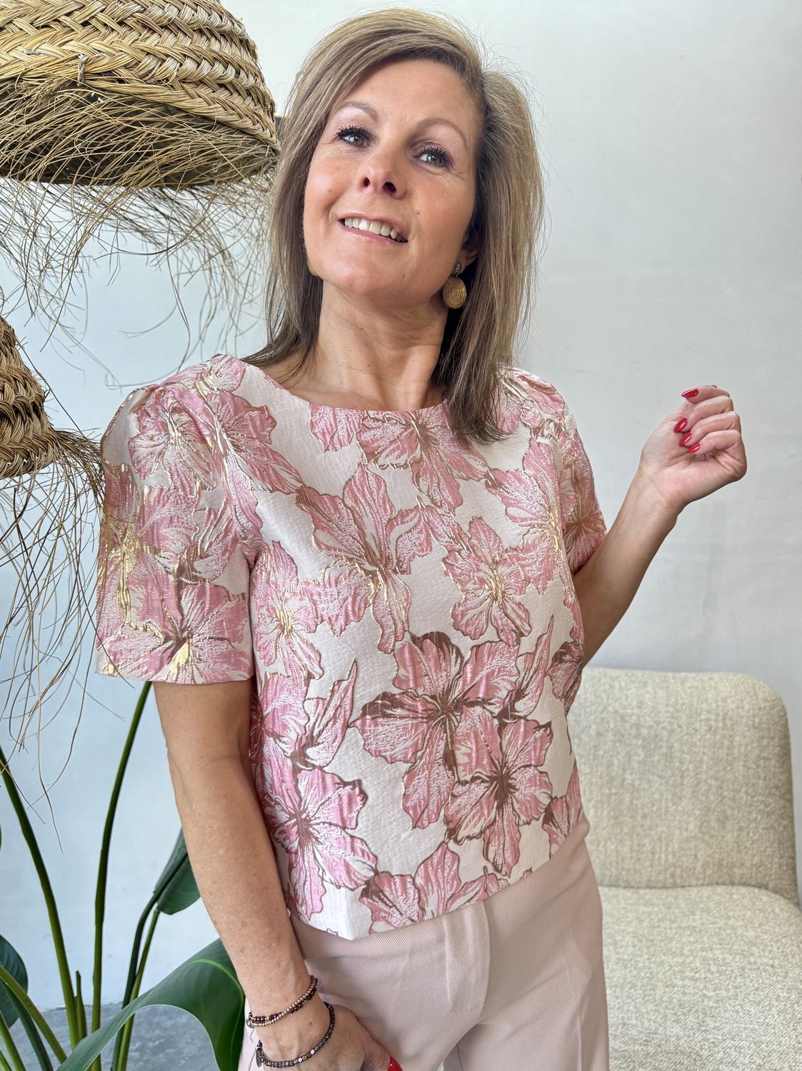 Gebloemde Roze Top met Goud