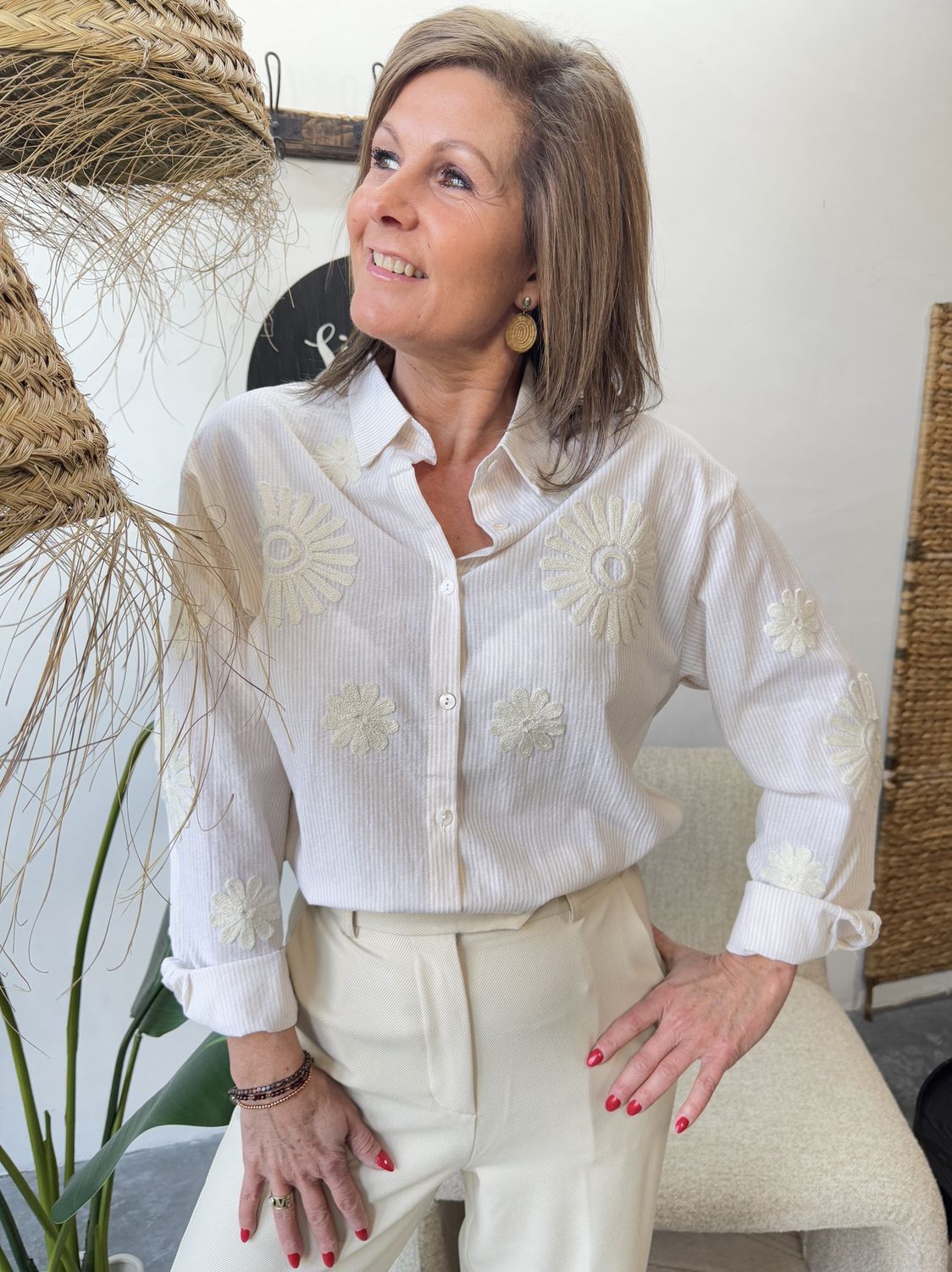 Beige Gestreepte Blouse Isolde met Broderie