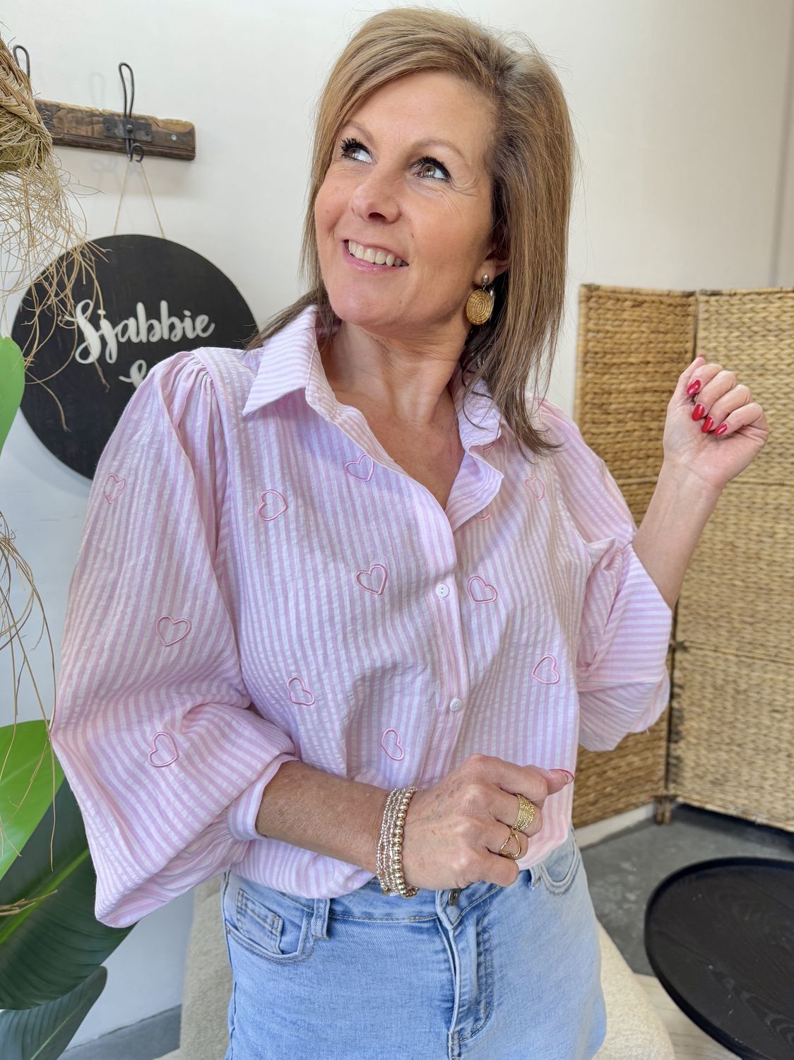 Gestreepte Roze Blouse Yanna met Geborduurde Hartjes