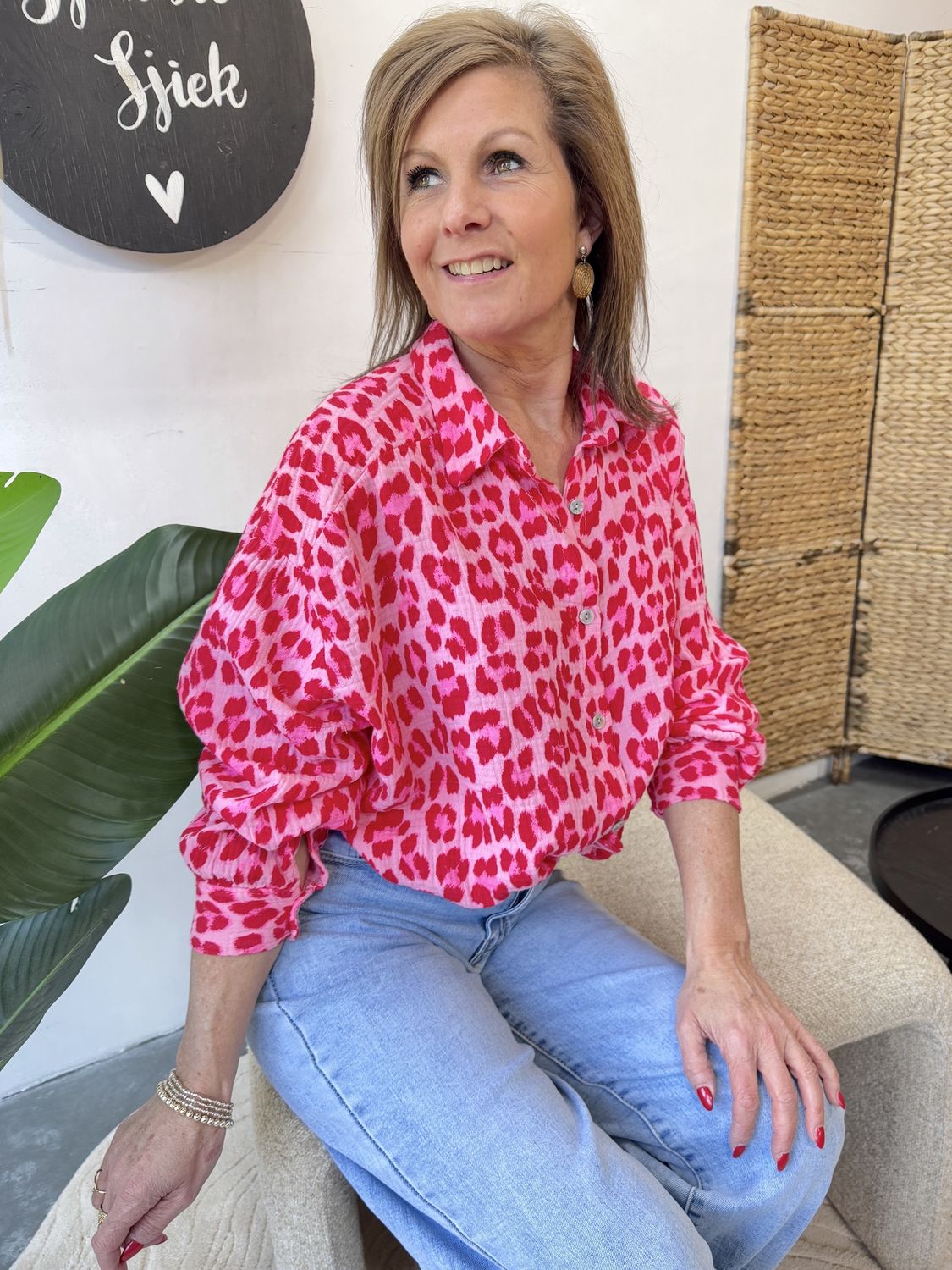 Katoenen Blouse Leopard Rood met Fuschia