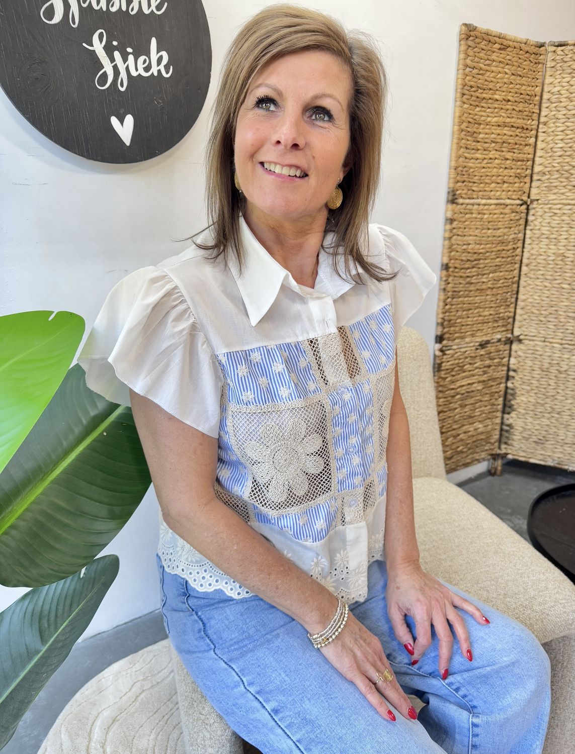 Blouse Korte mouw met Lichtblauw en Beige Crochet