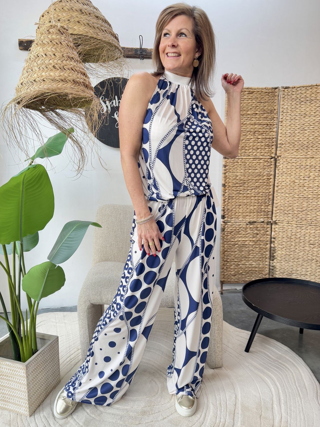 Travellerstof broek Evelyn blauwe dot print