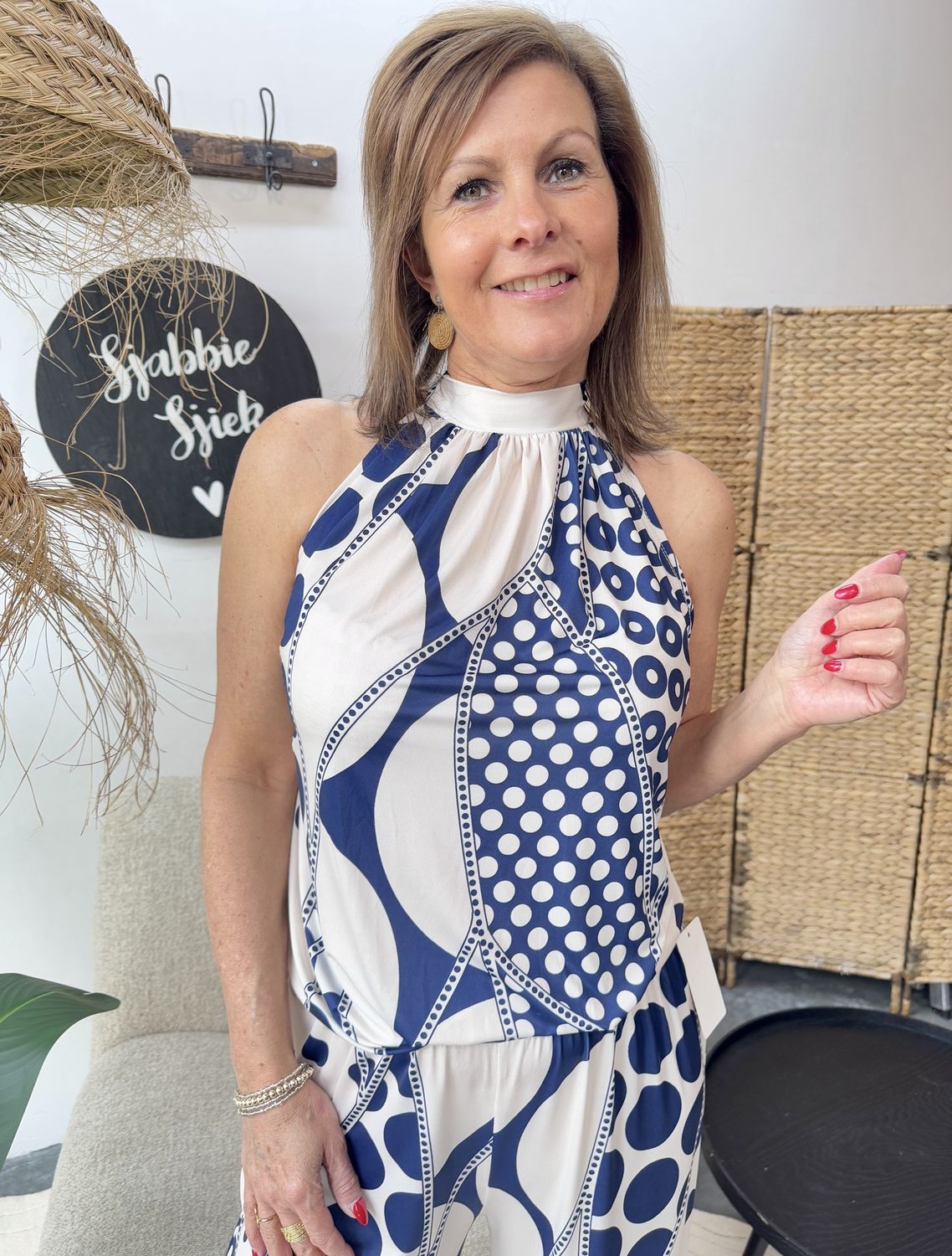 Travellerstof HalterTop Evelyn blauwe dot print