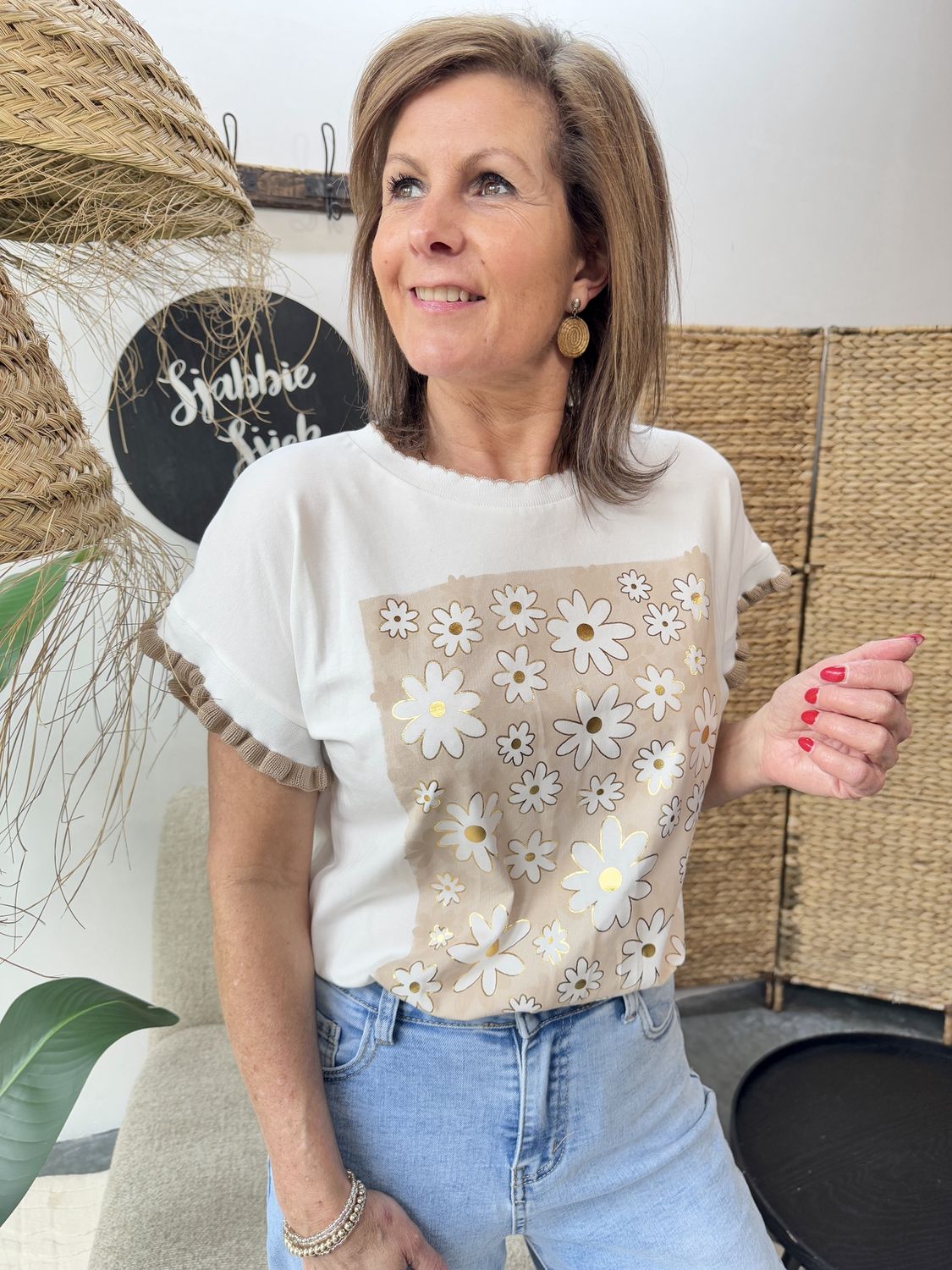 T-shirt Cleo Camel met Bloemen en Mouwtje
