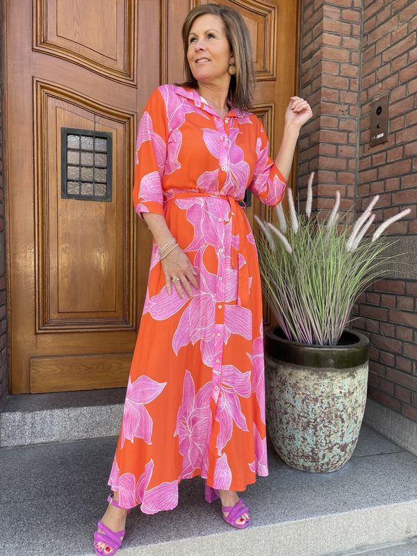 Viscose Jurk Amélie  Oranje Met Roze Print