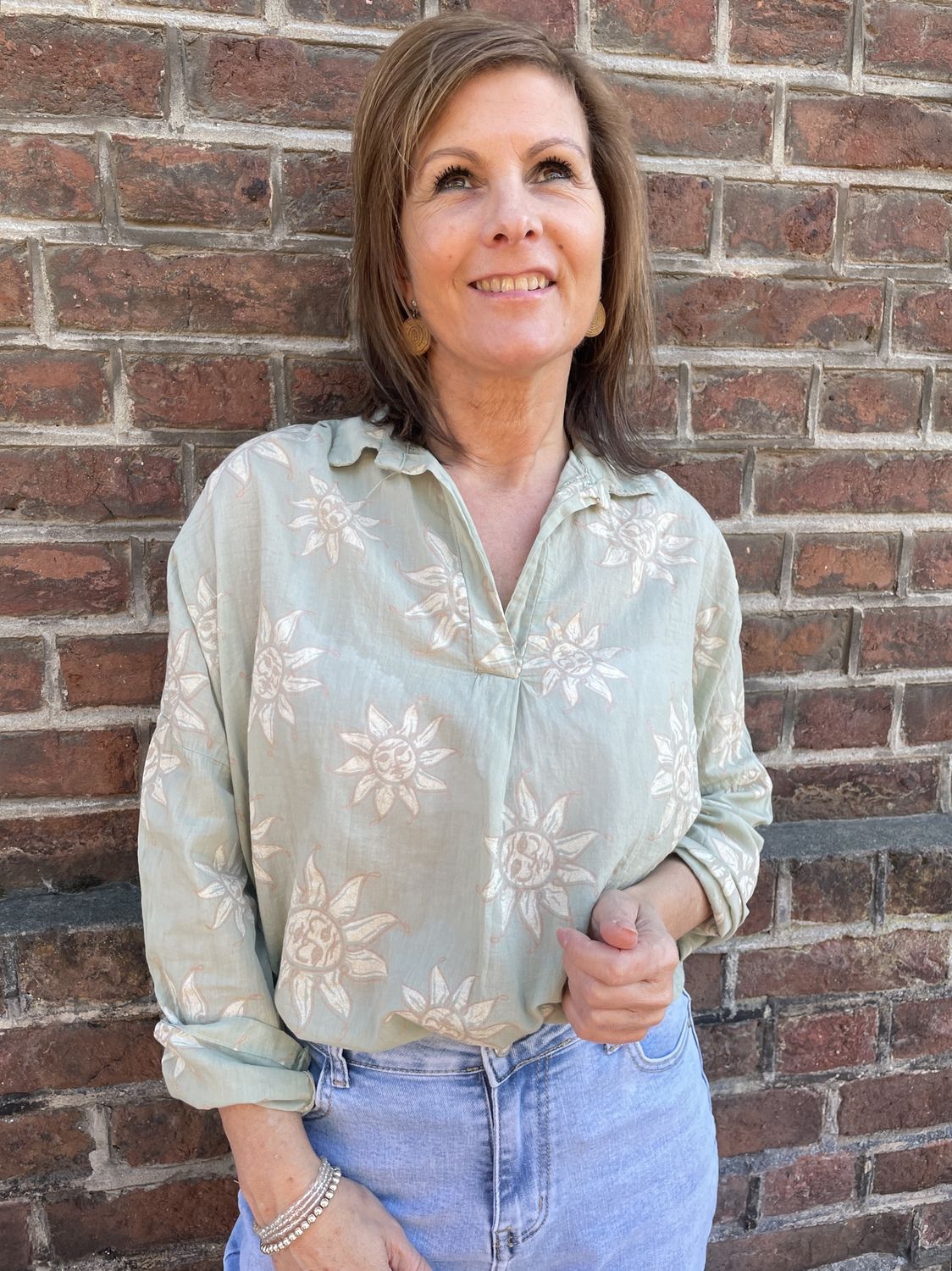 Katoenen Blouse Mireille Khaki met Zonnetje