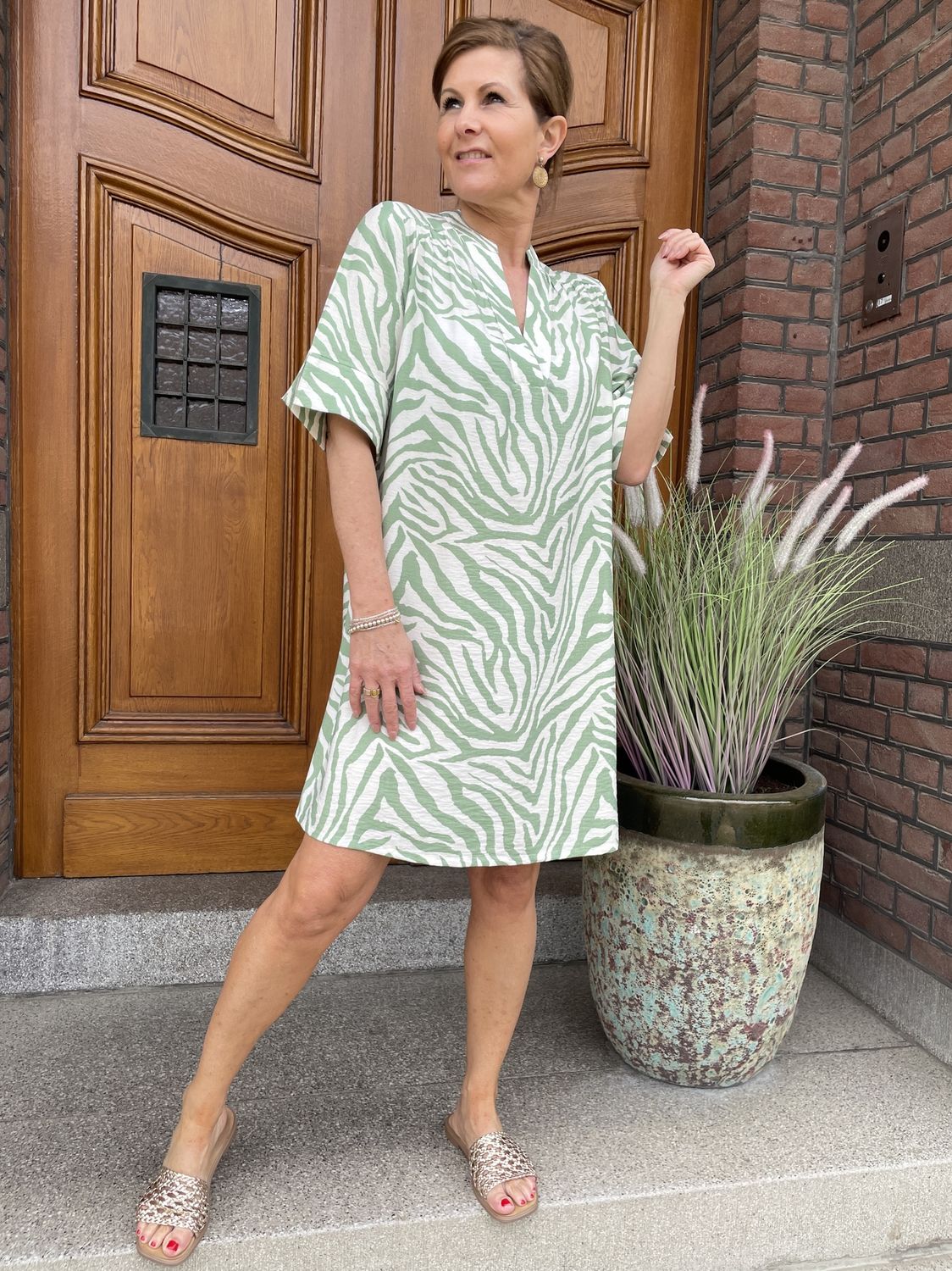 Jurk Mikkie Green OffWhite Print