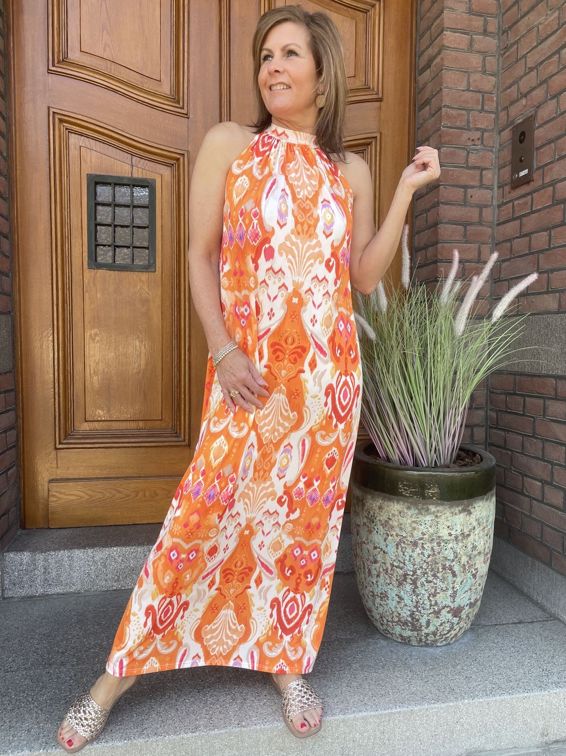 Maxi Travellerstof Dress met Oranje Print Joshi