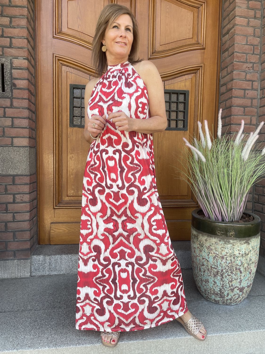 Maxi Travellerstof Dress met Rode Print Joshi
