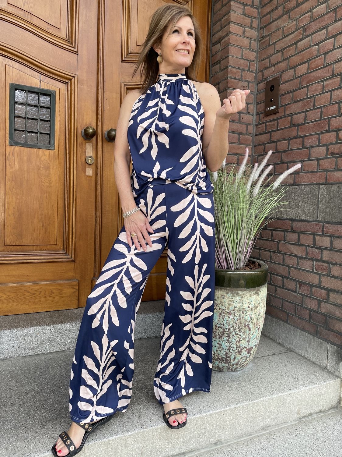 Broek Travellerstof Fiorella Blauwe Blad print