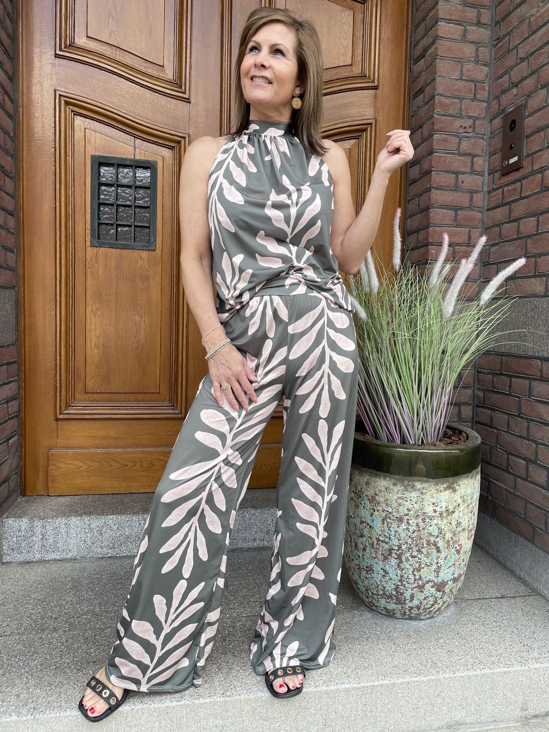 Broek Travellerstof Fiorella Groene Blad print