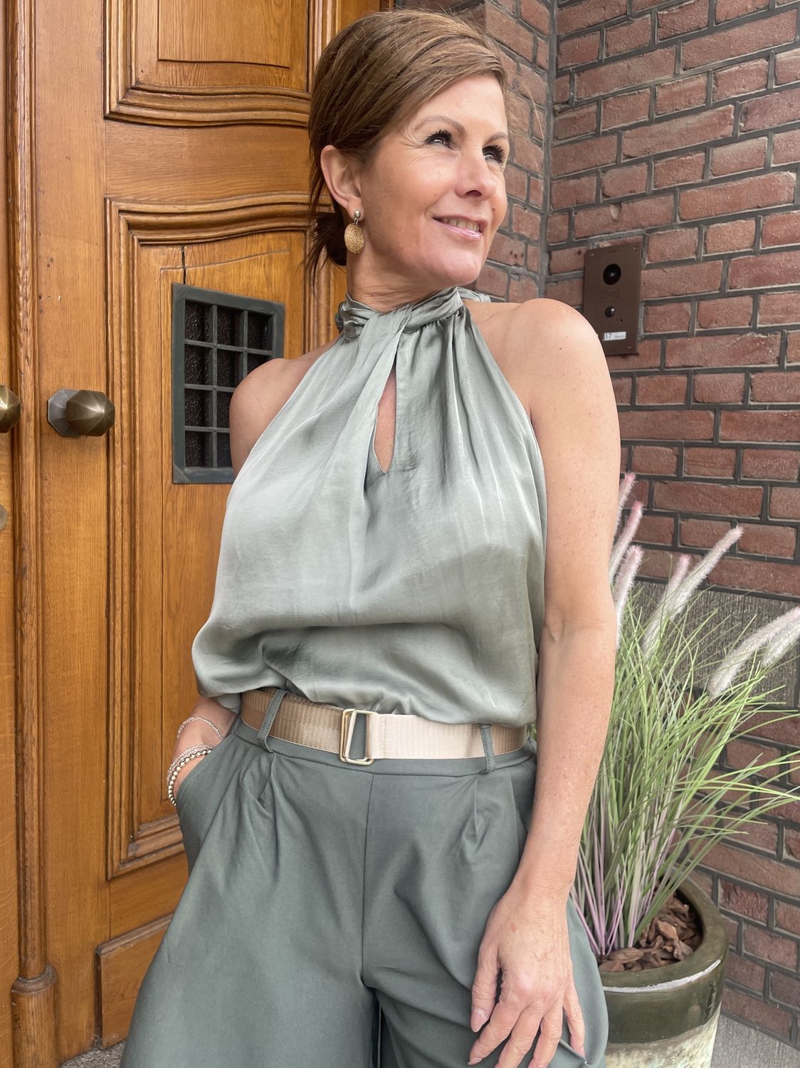SATIJNEN STRIK TOP KHAKI Suzie