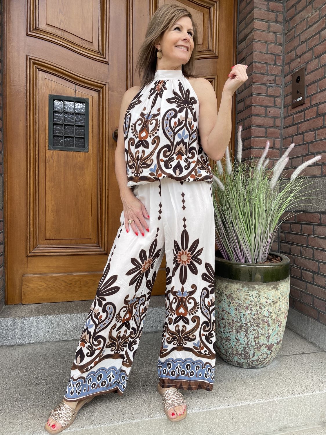 VISCOSE SET Bruine Print Top en Broek
