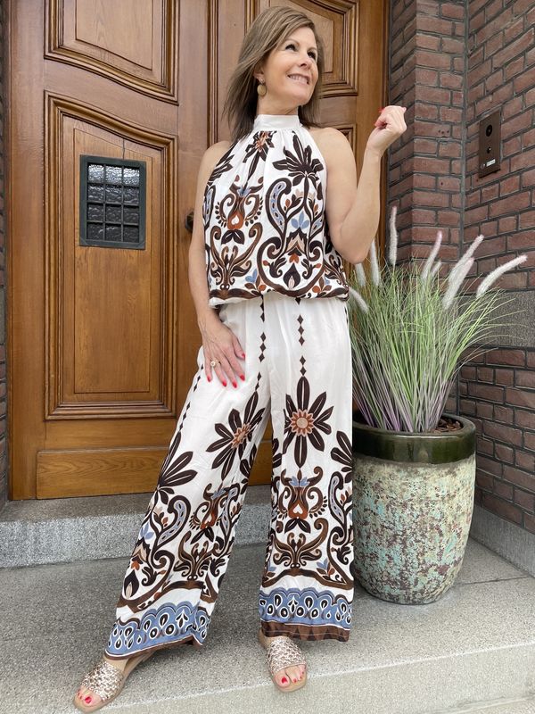 VISCOSE SET Bruine Print Top en Broek