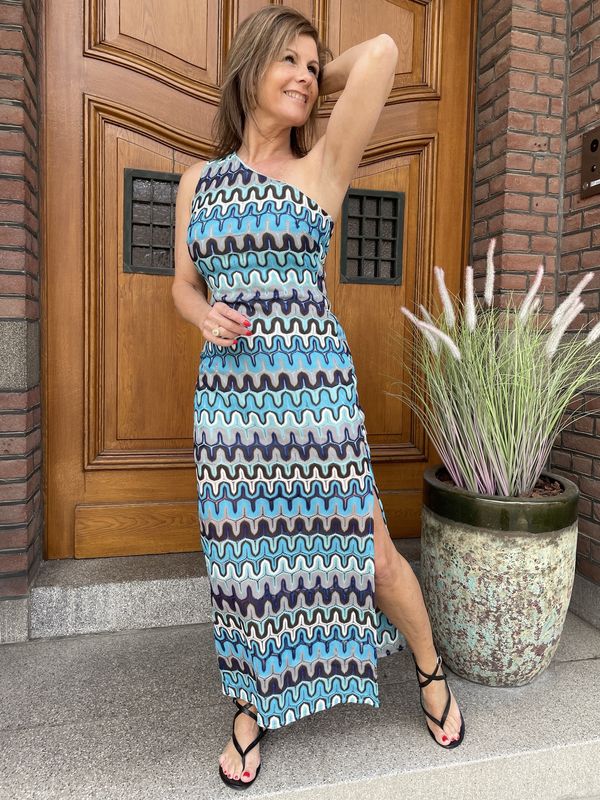 BLUE ONE SHOULDER ZIGZAG DRESS DJAMA