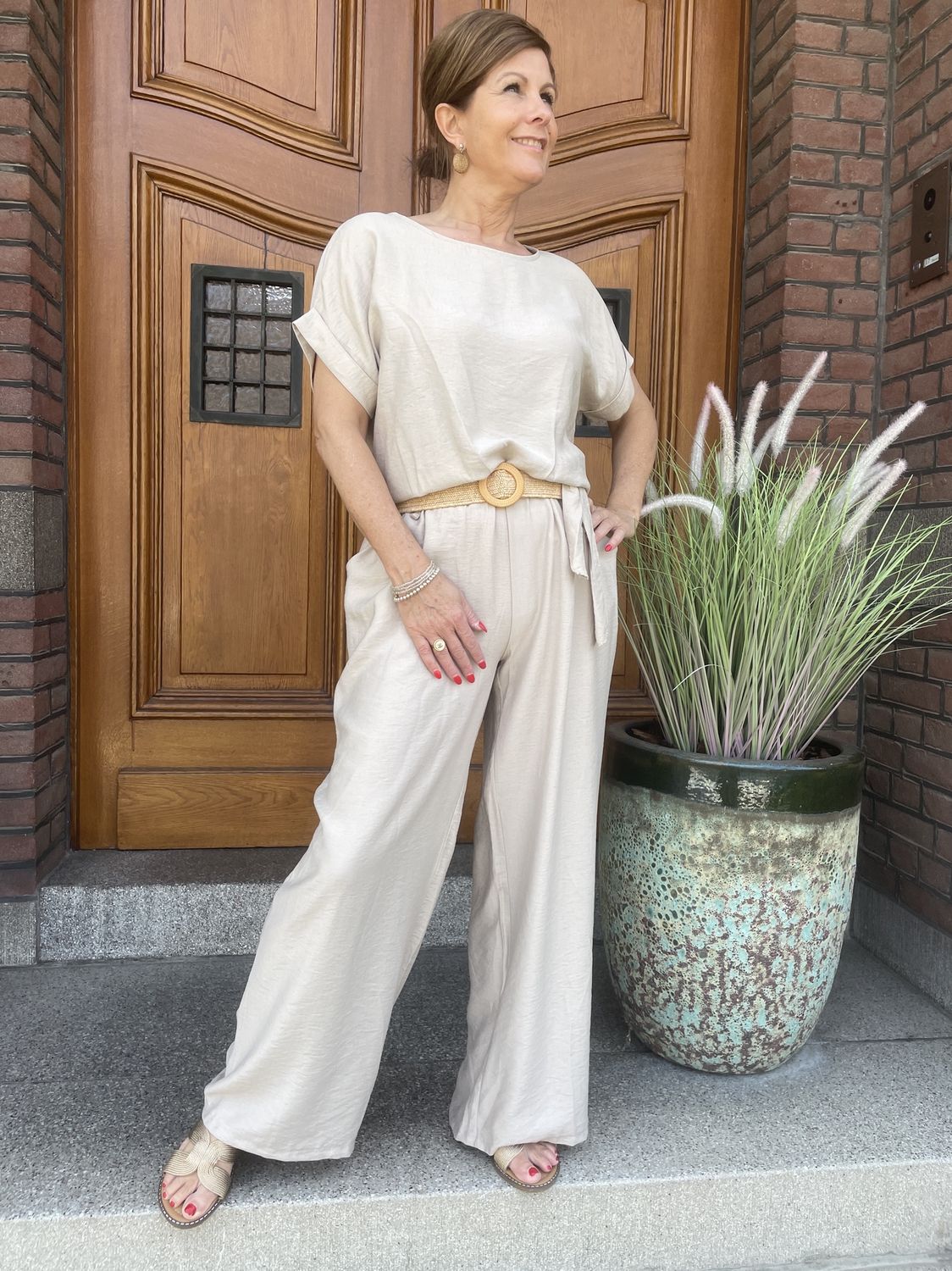 TAUPE - BROEK met RIEM - VISCOSE