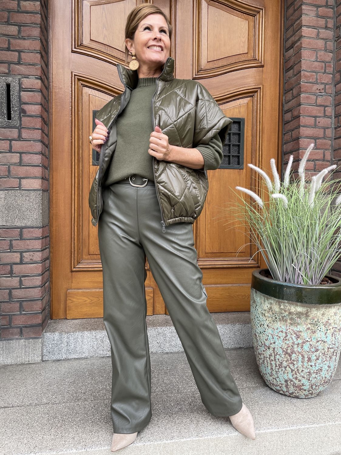 LEATHERLOOK BROEK - KHAKI - Maya