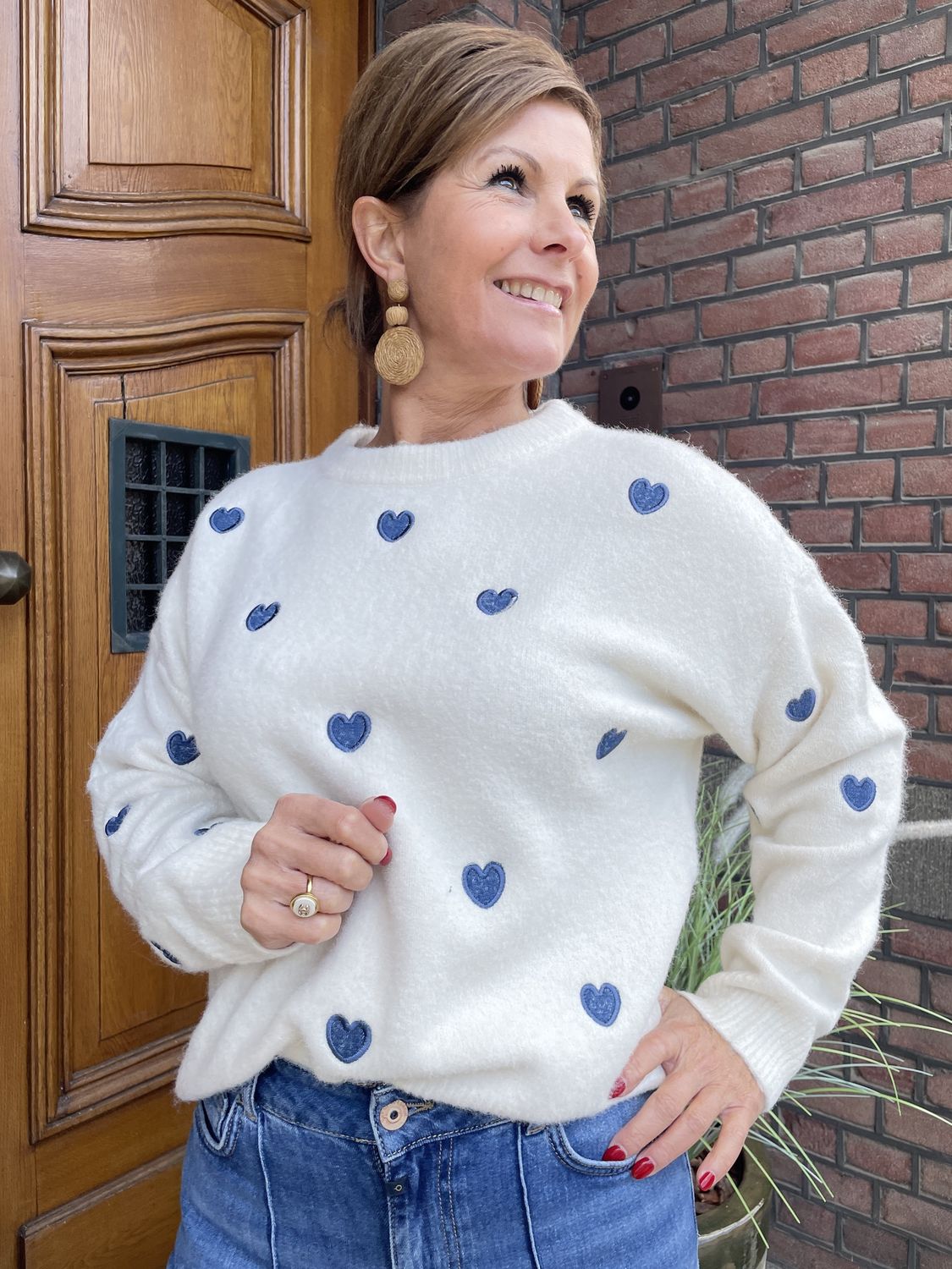 HARTJES SWEATER - CREME/BLAUW