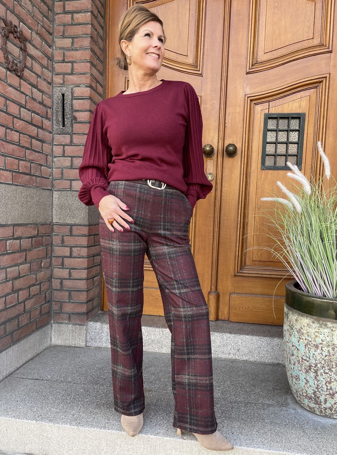 BORDEAUX - Geruite Pantalon met Riem