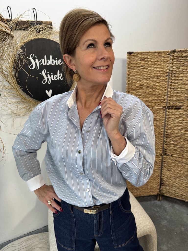 Gestreepte BLOUSE  met Glitter Detail - Lichtblauw
