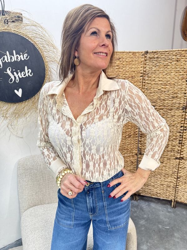 Kanten Blouse met Satijnen Kraag - Beige