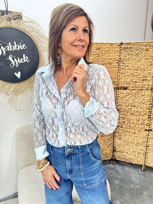 Kanten Blouse met Satijnen Kraag - Lichtblauw