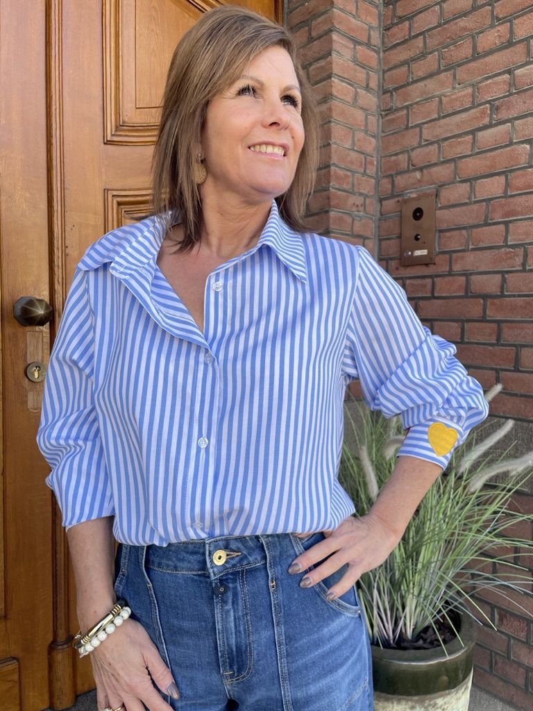 GESTREEPTE BLOUSE LOVE - BLAUW