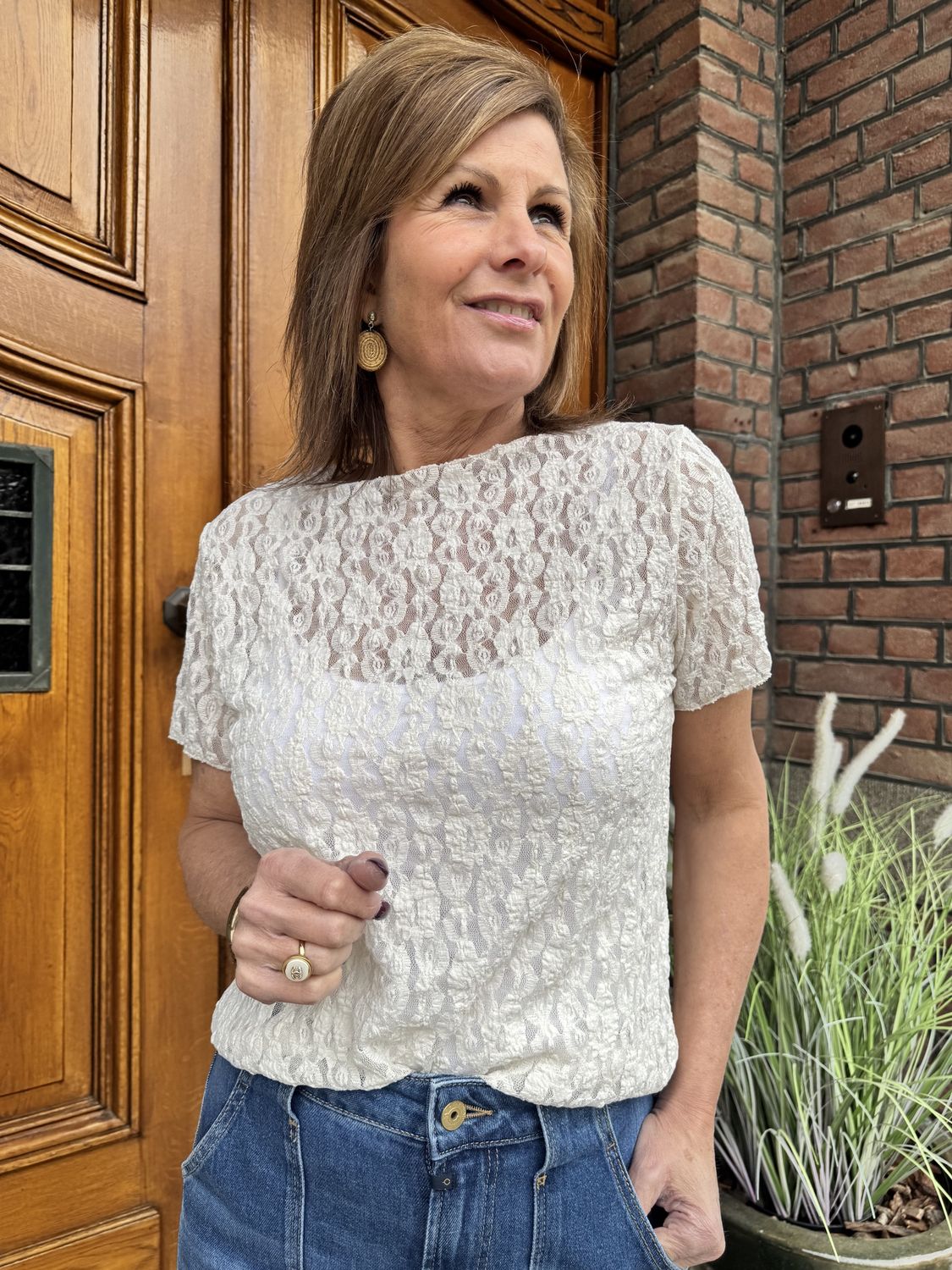 Kanten Top met Korte Mouw - Beige