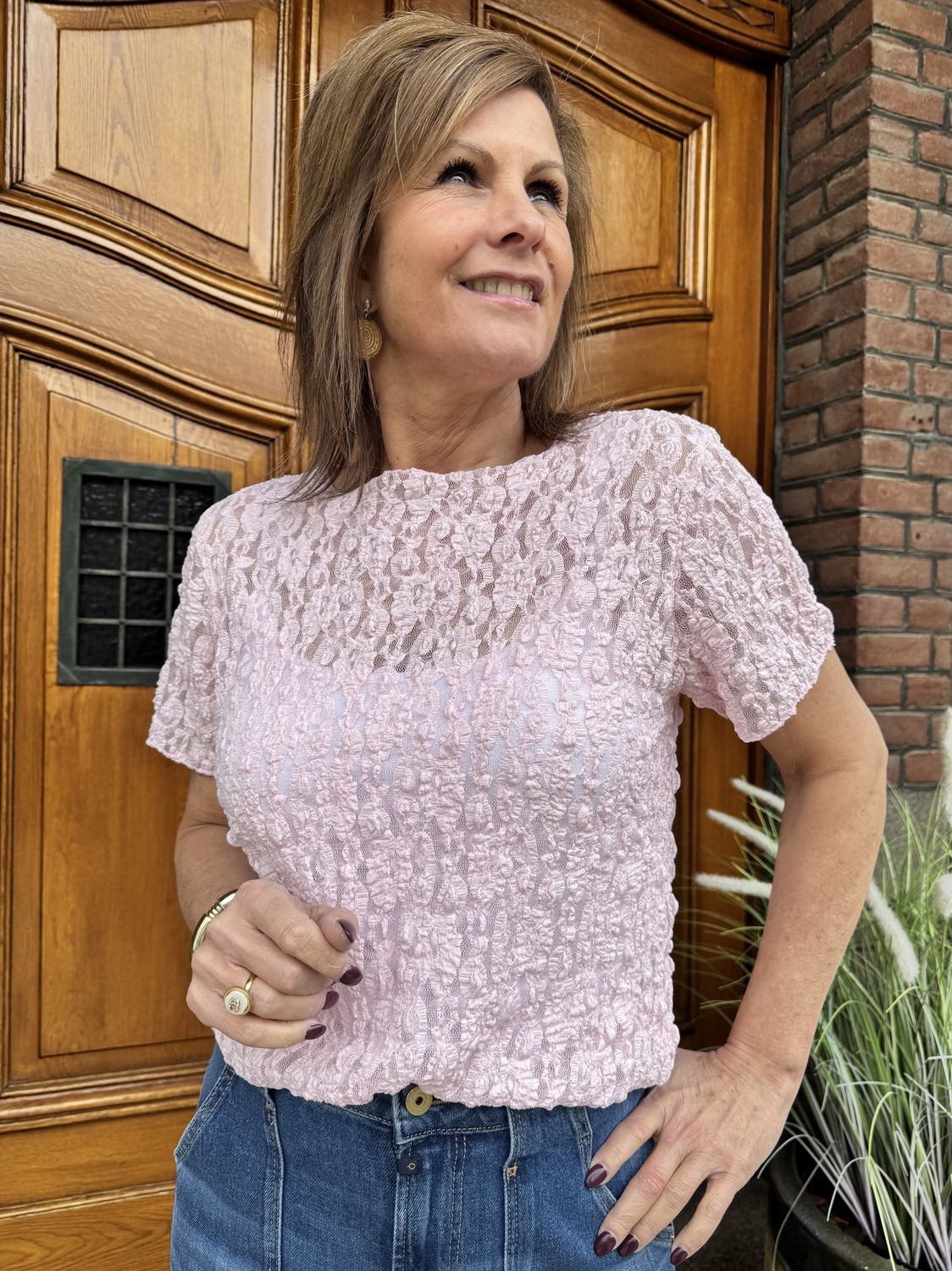 Kanten Top met Korte Mouw - Roze