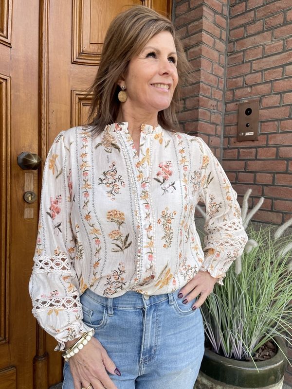 BLOUSE met PRINT en OPENGEWERKTE MOUW - 6600