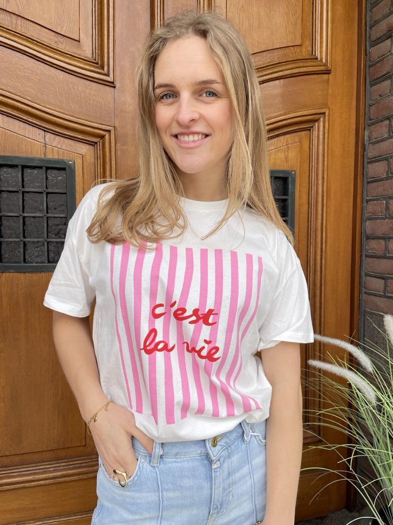 WIT SHIRT met roze opdruk