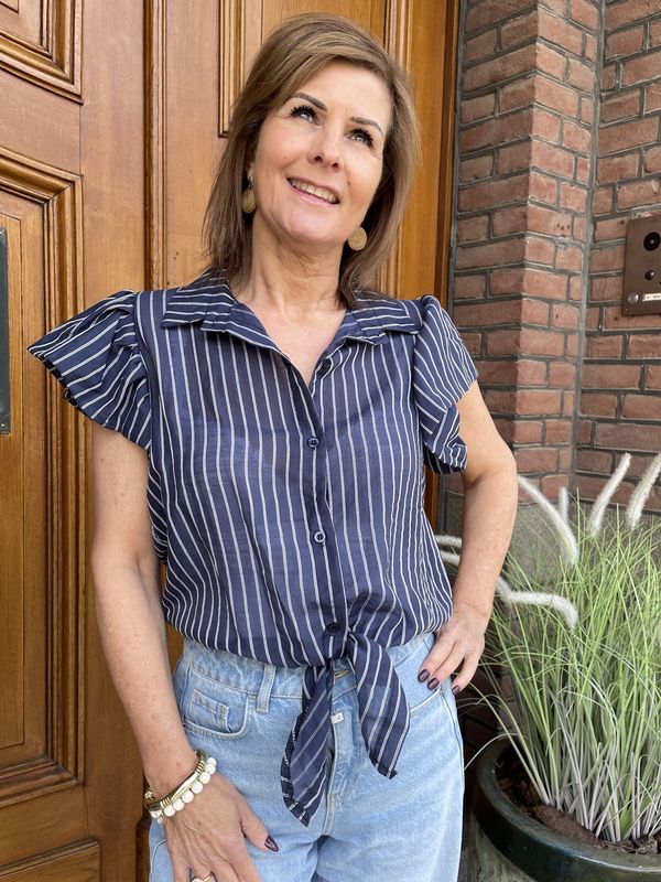 BLOUSE KRIJTSTREEP DONKERBLAUW
