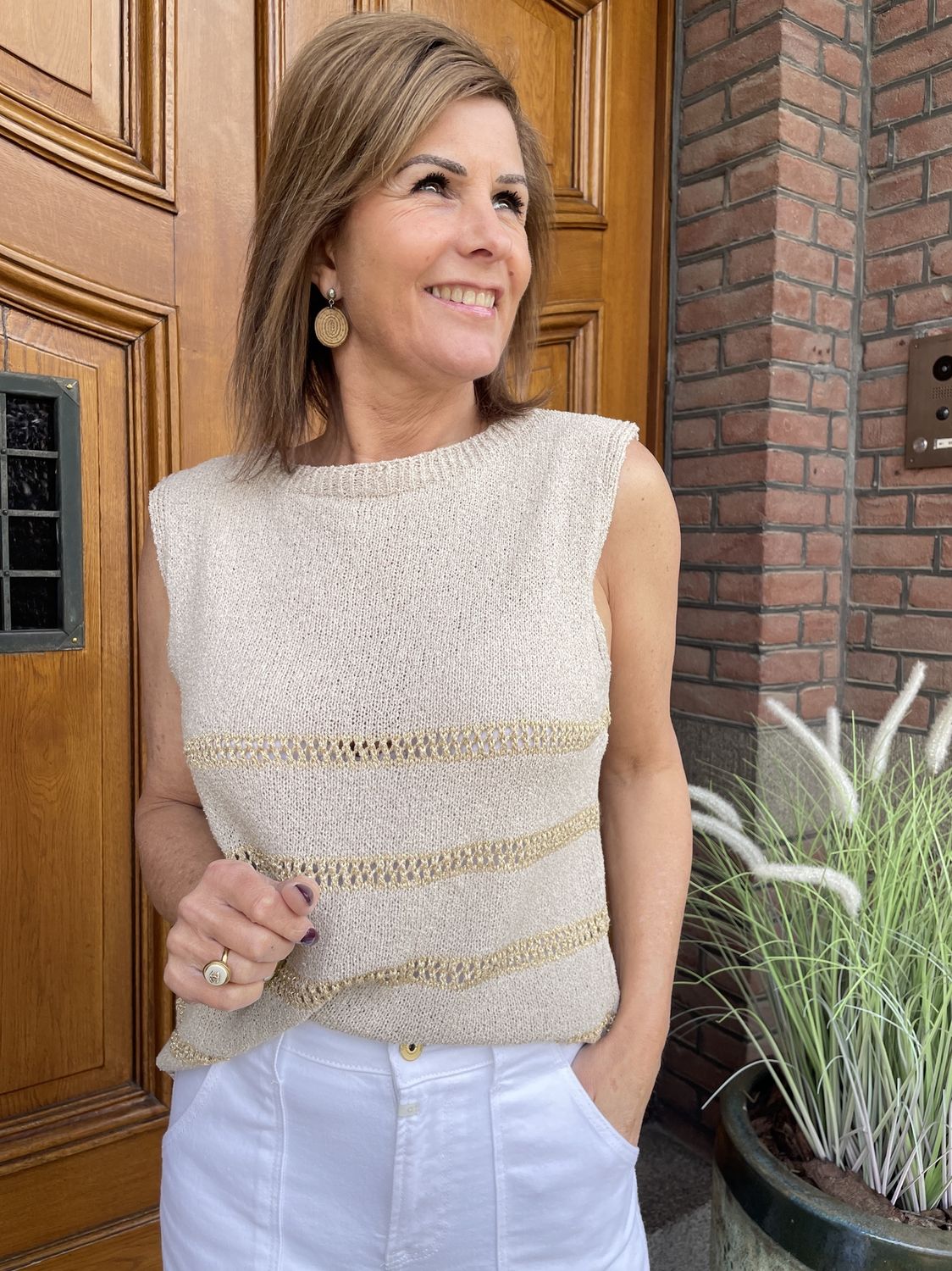 TWINSET TOP TAUPE met GOUD