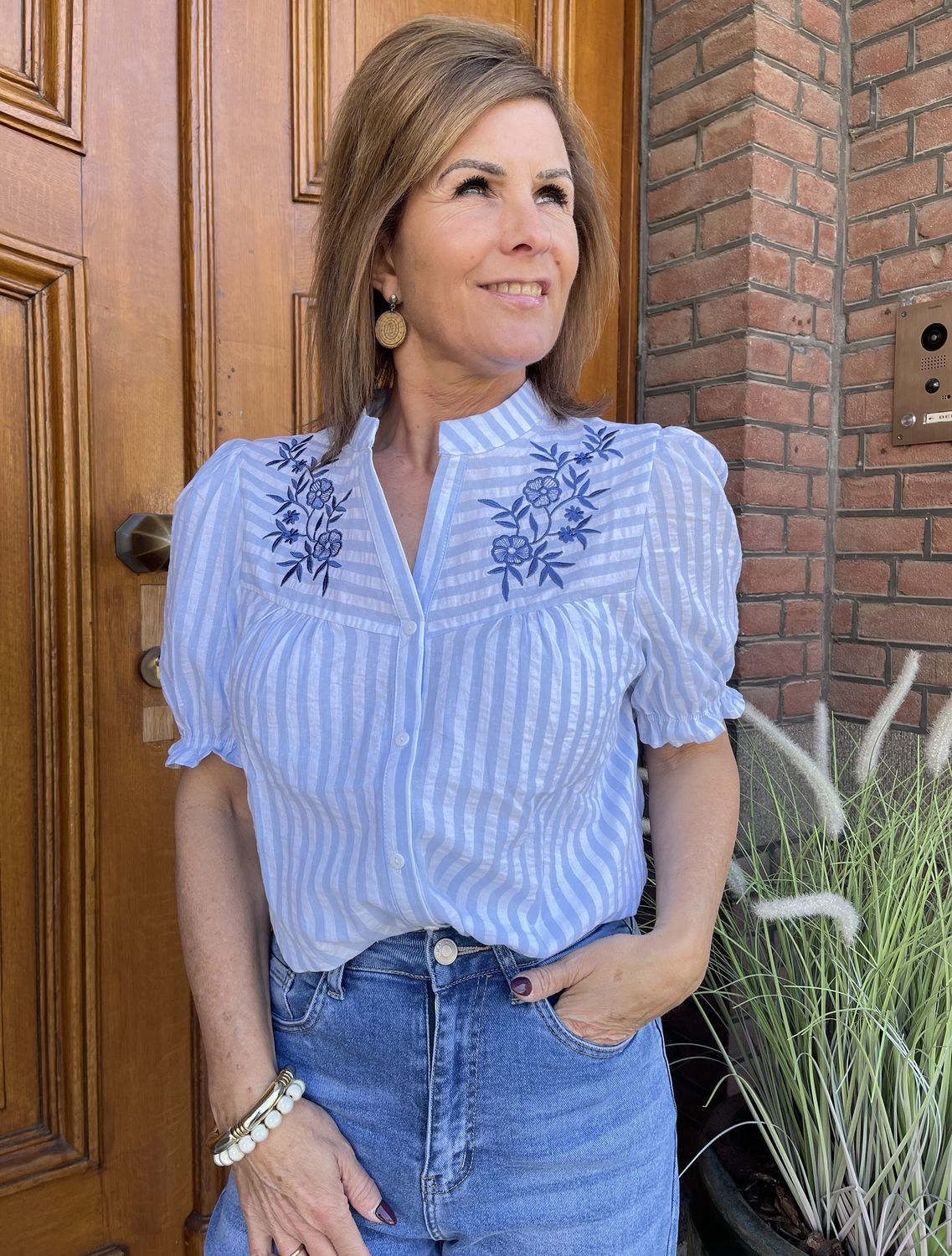 Blouse Gestreept met Borduursel - Blauw