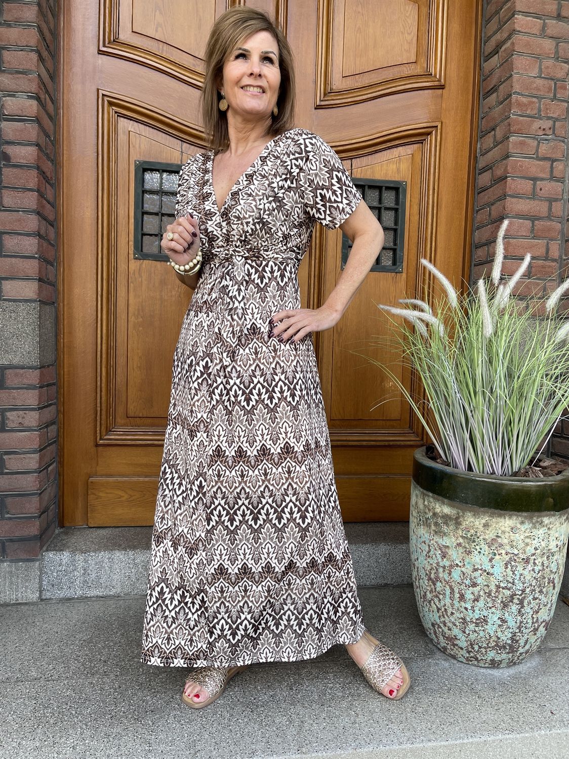 Travellerstof Print Jurk - Bruine Bladprint - Zaza