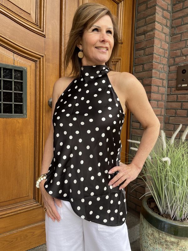 HALTER TOP ZWART/WIT - met POLKADOT