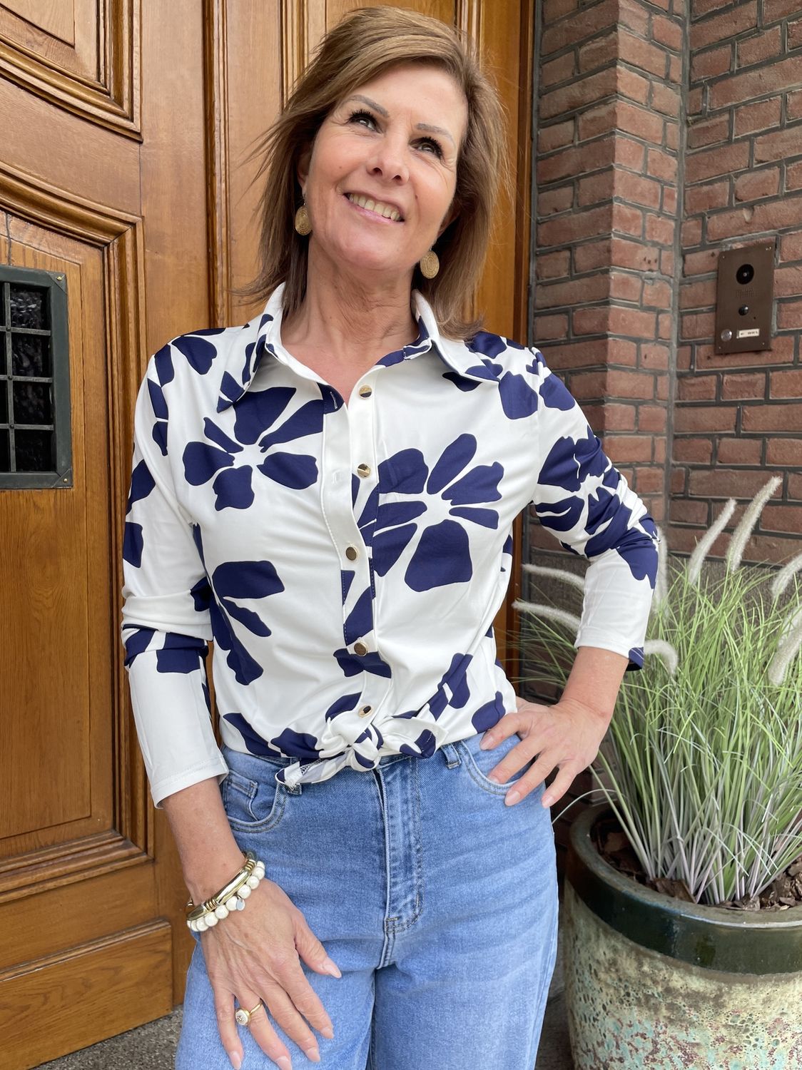 BLOUSE TRAVELLERSTOF - Donkerblauwe Blad Print