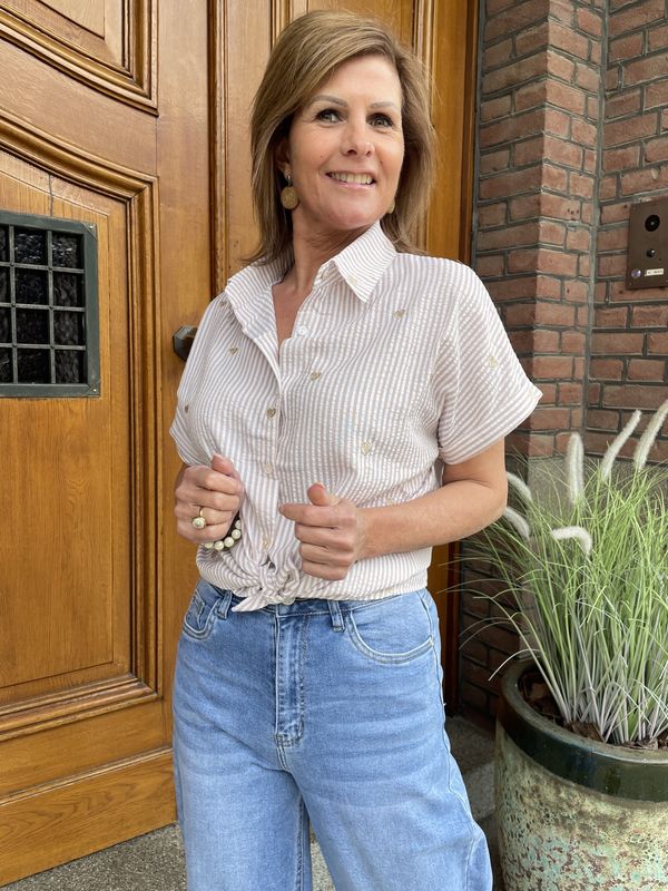 BLOUSE met HARTJES - Beige - Geborduurde Hartjes