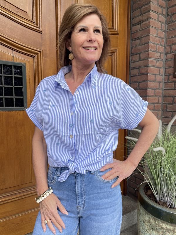 BLOUSE met HARTJES - Blauw - Geborduurde Hartjes