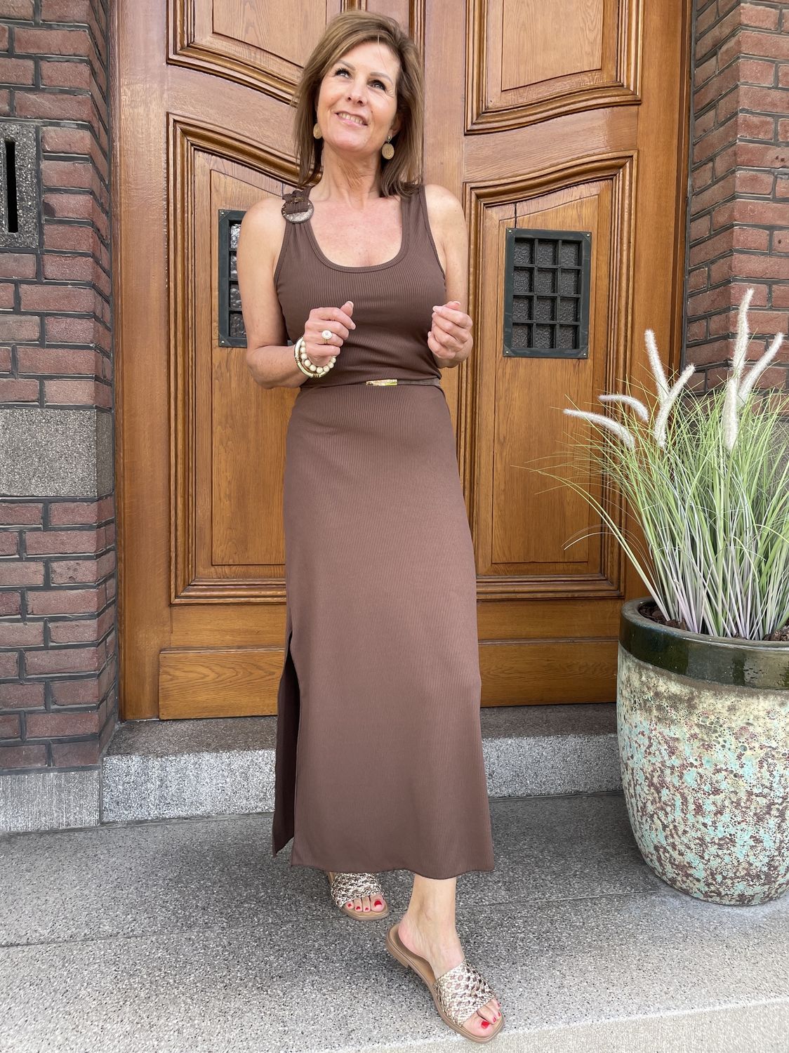 STRETCH JURK - CHOCO - met HOUT DETAIL -