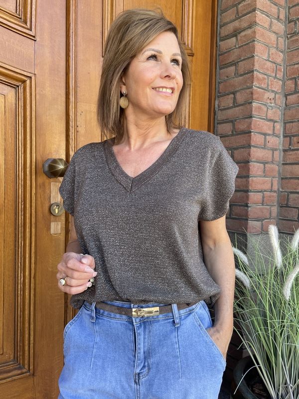 GLITTER TOP - met klein mouwtje - Choco