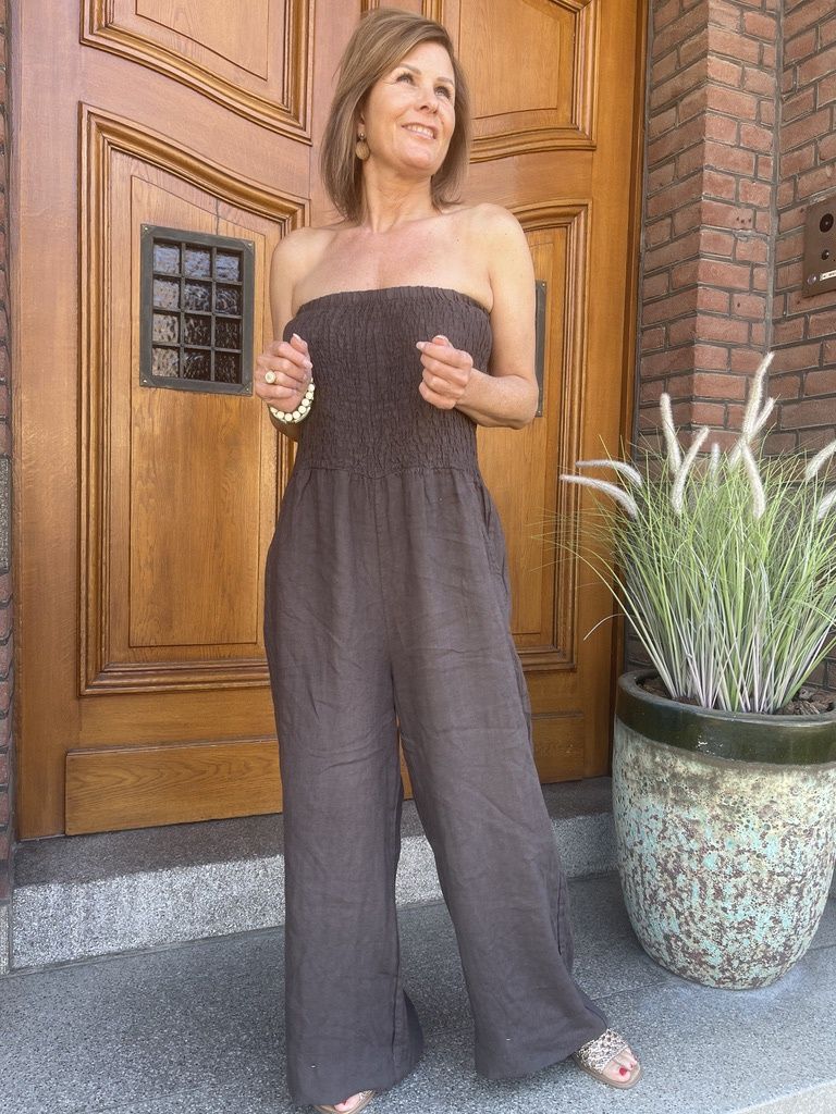 LINNEN JUMPSUIT - CHOCO - Off shoulder