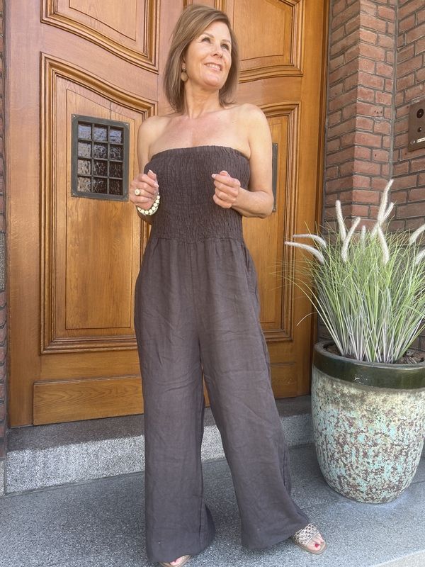 LINNEN JUMPSUIT - CHOCO - Off shoulder