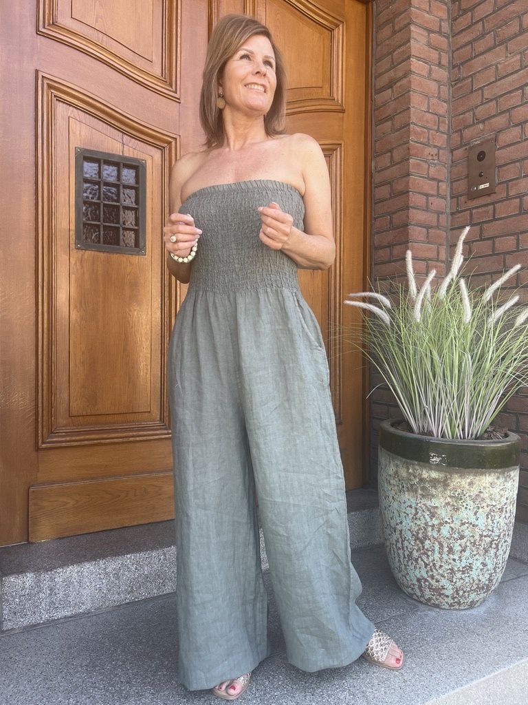 LINNEN JUMPSUIT - Khaki - Off Shoulder