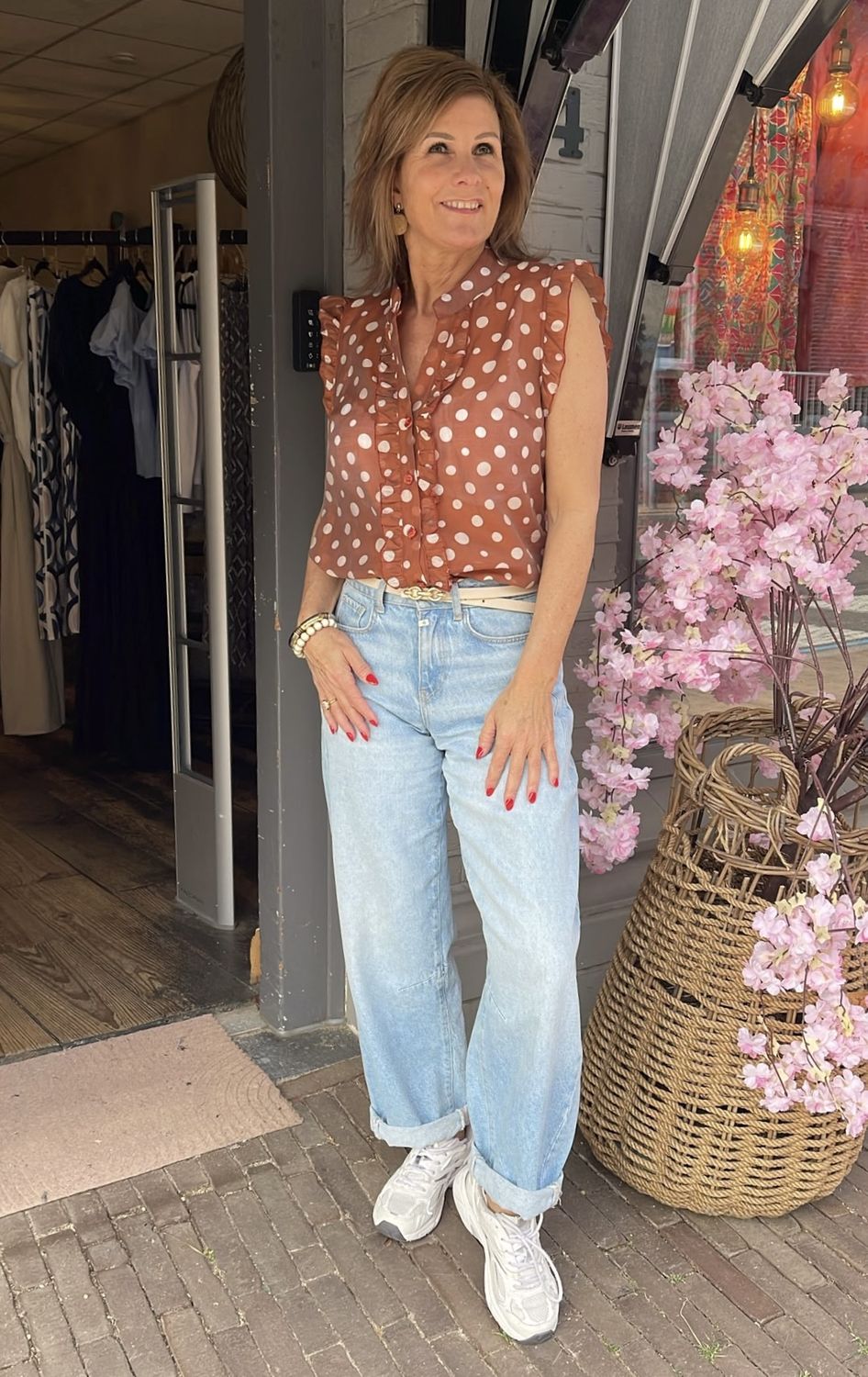 Polkadot Blouse met Ruffle Mouw - Roest