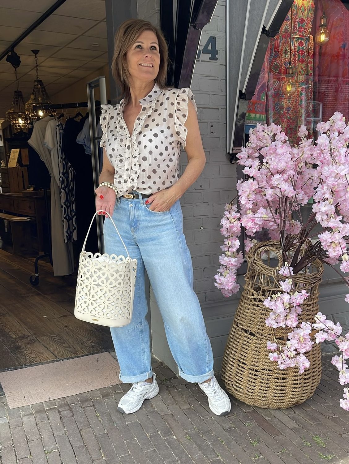 Polkadot Blouse met Ruffle Mouw - Creme