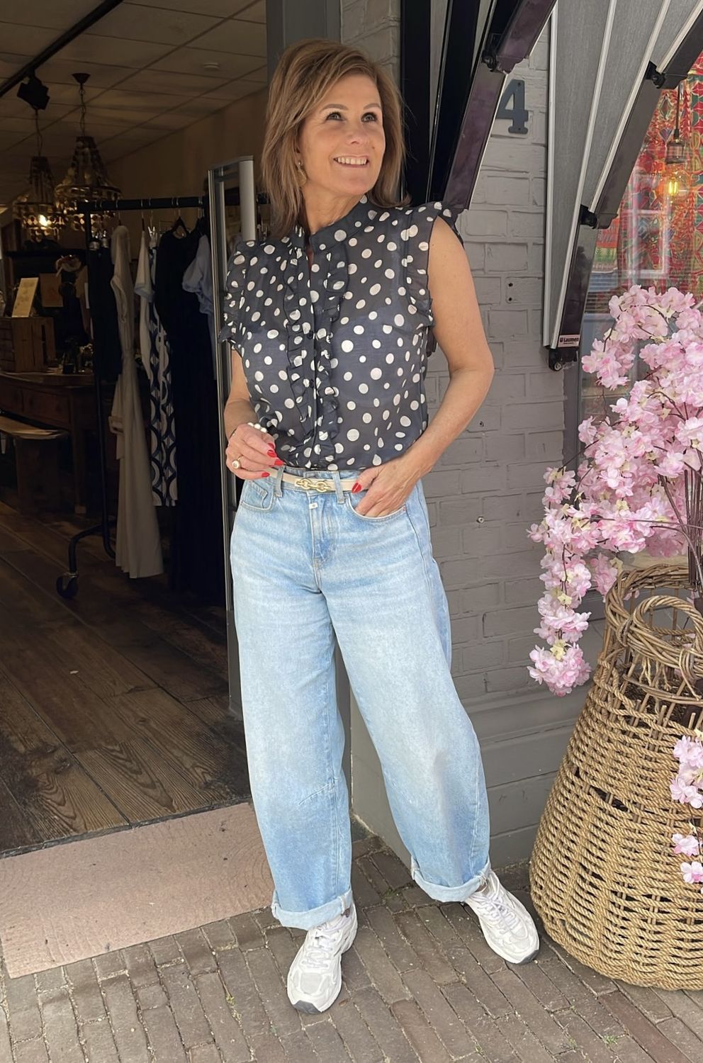 Polkadot Blouse met Ruffle Mouw - Donkerblauw