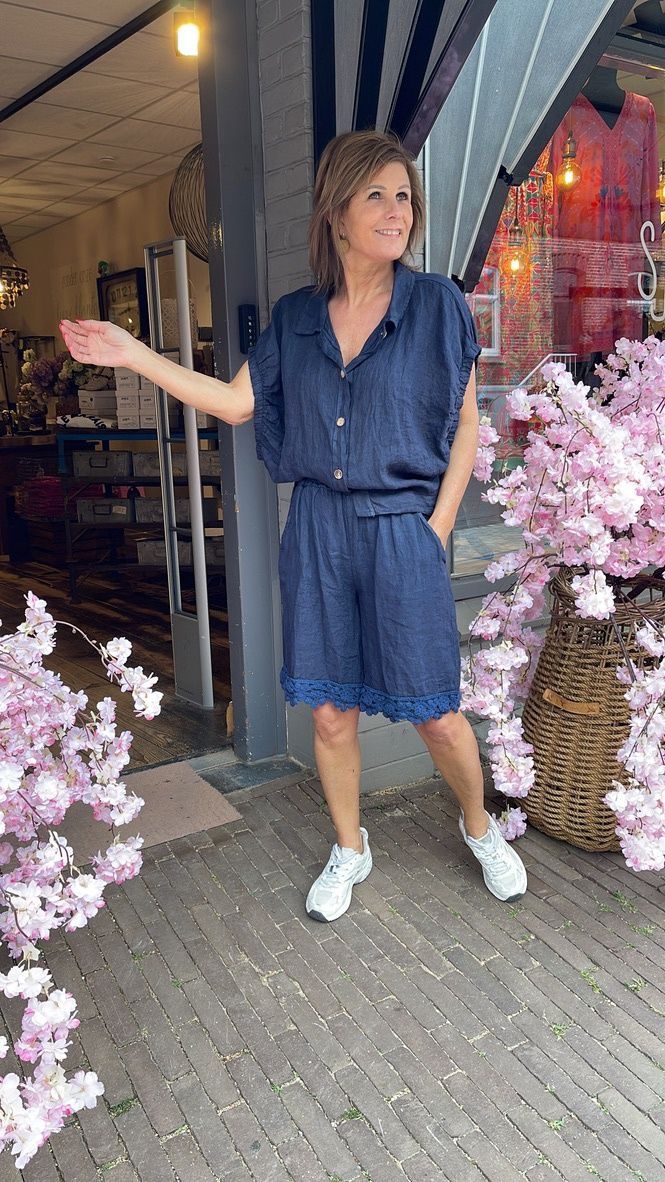 Linnen Blouse met Korte Mouw Donkerblauw